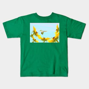 Ruby Throated Hummingbird and Sunflowers Kids T-Shirt